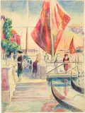 Otto von Wätjen, Am Schiffssteg, Venedig, Around 1920, Drawing in pencil and colour pencil