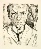 Max Beckmann, Selbstbildnis von vorn, im Hintergrund Hausgiebel, 1918, Kaltnadel auf Japan