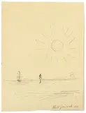 Alberto Giacometti, Paysage avec homme, bateau et soleil, 1963, Drawing in black ballpoint