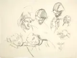Giovanni Giacometti, Skizzenblatt mit Studien zu Kinder- und Frauenköpfen, Circa 1914-1915, Drawing in charcoal, partly lightly wiped