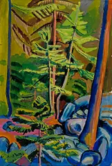 Waldinneres mit Tannen und blauen Felsen by Hermann Huber, Circa 1911/1912, Oil on canvas, sold Sep 2021