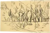 Bäuerin und zwei Bauern mit Leiterwagen und zwei Ziegen, links mit Blick auf Davos und die Kirche Sankt Johann by Ernst Ludwig Kirchner, Circa 1924, Drawing in black charcoal, sold Sep 2021