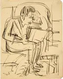 Sitzender Mann, lesend by Ernst Ludwig Kirchner, Circa 1923, Ink pen drawing, sold Sep 2021