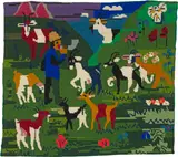 Ernst Ludwig Kirchner und Gret Gujer, Der ins Horn blasende Hirte mit Ziegen, 1924-1925, Petit-point embroidery on stramin - Cushion Plate