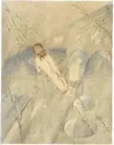 Otto Meyer-Amden, Vor dem Bett kniender nackter Knabe und Berghang, Circa 1913-1917, Pencil and coloured pencil drawing