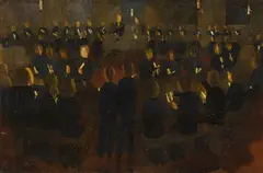 Otto Meyer-Amden, Vorbereitung (Morgenandacht im Waisenhaus), Circa 1922, Oil on cardboard