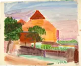 Louis Moilliet, Gehöft, 1928, Watercolour over preliminary drawing in pencil