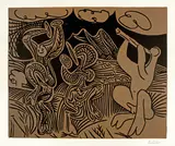 Bacchanale: flûtiste et danseurs aux cymbales by Pablo Picasso, Cannes, 15 November 1959, Colour linocut, sold Sep 2021