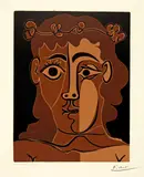 Jeune homme couronné de feuillage by Pablo Picasso, Mougins, 1 March 1962, Colour linocut, sold Sep 2021