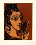 Portrait de Jacqueline en Carmen by Pablo Picasso, Mougins, 15 April 1962, Colour linocut, sold Sep 2021