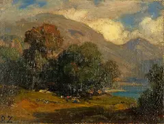 Robert Zünd, Vierwaldstättersee mit Blick auf die Rigiflanke, Oil on canvas, on cardboard