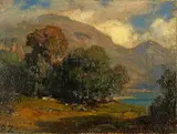 Robert Zünd, Vierwaldstättersee mit Blick auf die Rigiflanke, Oil on canvas, on cardboard