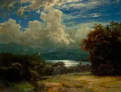 Robert Zünd, Vierwaldstättersee mit Ruine Neu-Habsburg bei Gewitterstimmung, Circa 1852, Oil on canvas, marouflaged on wooden panel
