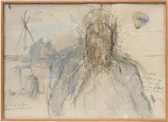 Rolf Iseli, Beginn des Bovistzeitalters, 1974, Watercolour, pencil, straw and earth