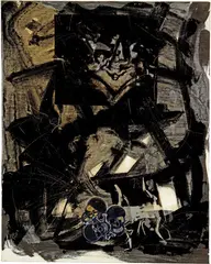 Jutta Koether, Eternal Feminine & 3 Skulls (Cezanne), 2006, Acrylic, gold pencil, synthetic resin, paper and plastic collage on canvas