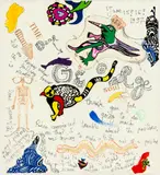Illustrierter Brief - Dear George by Niki de Saint Phalle, 1997, Grey ink, gouache, stamps and coloured stickers, sold Sep 2021