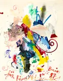 Jean Tinguely, Illustrierter Neujahrsbrief - Buenos 87 für Richard, 1986, Acrylic, gouache, pencil, collaged, with feathers and fabric ribbon