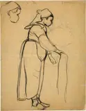 Cuno Amiet, Bretonin in ganzer Figur nach rechts, mit Handtuch, 1892-1894, Black charcoal