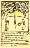 Cuno Amiet, Ein Bäumchen ward gepflanzt. Postkarte, 1909-1917, Pen and ink, reworked with colour pencil, writing in ink