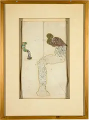 Jürgen Brodwolf, Ohne Titel (Figurine), 1973, Figure made of papier-mâché and gauze as well as squeezed-out tube of paint, over preliminary drawing in pencil on paper, in showcase