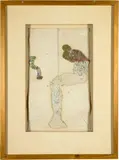 Jürgen Brodwolf, Ohne Titel (Figurine), 1973, Figure made of papier-mâché and gauze as well as squeezed-out tube of paint, over preliminary drawing in pencil on paper, in showcase