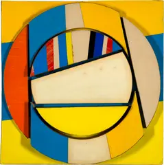 Franz Fedier, Multisuisse, 1967, Wooden parts,  with colourfully painted light cardboard, mounted on a square, also colourfully on base plate