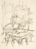 L'Atelier à la sellette I. - Sellette et tabourets dans l'atelier IV.- Femme nue debout IV. - Tête d'homme II by Alberto Giacometti, 1959-1964, 1 etching and 3 lithographs (one double sheet), sold Sep 2021