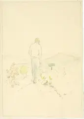 Wanderer. - Mann am Tisch. - Spaziergang by Heiner Kielholz, 1980, 3 pencil drawings, one of them watercoloured, sold Sep 2021