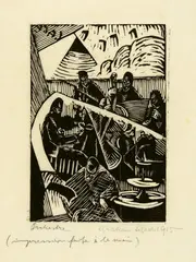Orchester (Orchestre) by Christian Schad, 1915, Woodcut, sold Sep 2021