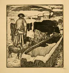 Edouard Vallet, Le troupeau à l'abreuvoir, 1913, Etching and drypoint