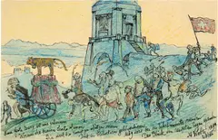 Albert Welti, Zug der Eidgenossen hinter dem goldenen Kalb auf Rädern, mit der Schweizer Fahne am Ende des Zuges. Postkarte, 1899, Pen and ink, reworked with coloured pencil, partly heightened with gold, writing in ink