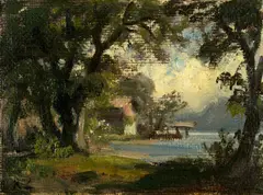 Haus an Seeufer by Robert Zünd, 1850-1860, Oil on gauze on painting cardboard, sold Sep 2021
