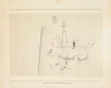 Paul Klee, Der Kleine muss ernten, 1928 - work number 1928.123 (C 3), Pen and ink drawing on Ingres, mounted by the artist with paste spots on light cardboard