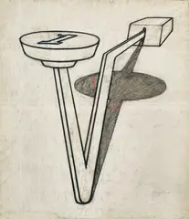 Vorzeichnung zu "Das Angebot" by Konrad Klapheck, 1985, Pencil, coloured pencil and charcoal on tracing paper, incised, sold Sep 2020