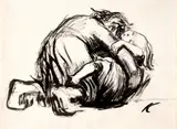Käthe Kollwitz, Mutter, sich über ihre bedrohten Kinder stürzend, 1922-1923, Pen and brush ink drawing