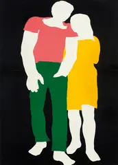 Bob Dylan - Joan Baez by Franz Gertsch, 1967, Collage with red, yellow and green painted cardboards, except the white one, pasted on paper on masonite, previously pri, sold Sep 2020