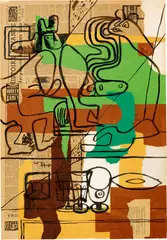 Le Corbusier, Deux nus féminins sur le thème de la pyrénéenne et nature morte, 1949-1960, Brush and ink drawing over collage, coloured papers and newspaper snippets