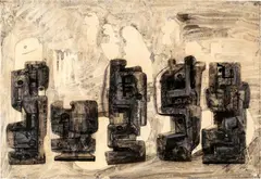Henry Moore, Five Square Forms in a Setting, 1936, ink, wash, over preparatory drawing in black crayon, heightened with gouache