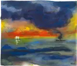 Meeraquarell mit rauchendem Dampfer und zwei Seglern vor einem Abendhimmel by Emil Nolde, spring 1946, Watercolour and opaque white on Japanese paper, sold Sep 2020
