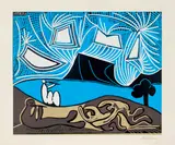 Couple et flûtistes au bord d’un lac (Bacchanale) by Pablo Picasso, Cannes, 25. November 1959, Linocut in colours, sold Sep 2020