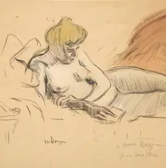 Kees van Dongen, Liegender weiblicher Akt, ein Buch lesend, Chalk drawing, watercoloured