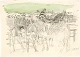Alois Carigiet, Jockeys mit ihren Pferden, c. 1970, Pencil and watercolour on paper