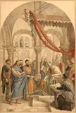 Julius Schnorr von Carolsfeld, Boten bringen die Nachricht vom Untergang der Burgunden an den Hof des Bischof Pilgrim von Passau, 1867, Hammer price