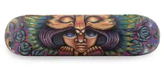 Goya Torres, ArtDecko Skateboard, 2019, aerosol, acrylics, oils and posca pen on refurbished skateboard