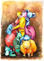 Kaff-Eine, Hold Each Other, 2020, watercolour, aerosol paint and ink on 640gsm 100% cotton paper