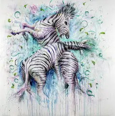 Mike Makatron, Zebra Playtime, 2019, acrylic, aerosol and airbrush on canvas