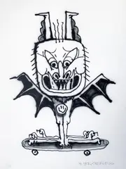 Yok & Sheryo, Skate Bat, 2020, mixed media on heavyweight Fabriano watercolour paper