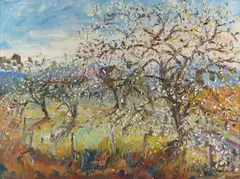 Celia Perceval, Abandoned Orchard in Flower, oil on canvas