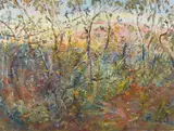 Celia Perceval, Flowering Banksias with Red Faced Galahs, 2001, oil on canvas