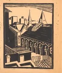 Melbourne Rooftops by Lisette Kohlhagen, c.1938, linocut, sold Apr 2020